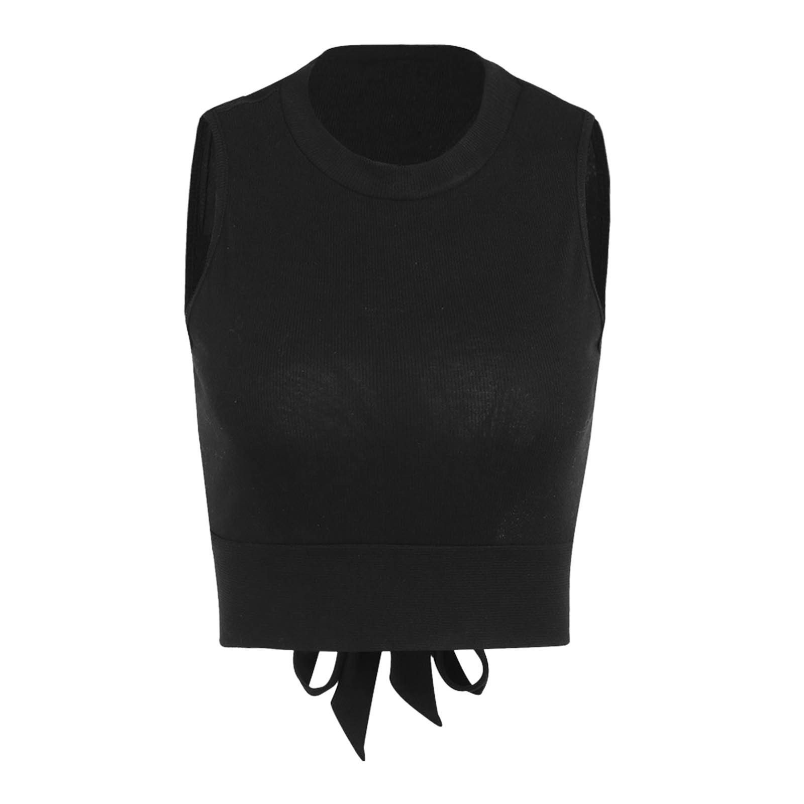thumbnail image 4 of Camiseta sin mangas de punto acanalado para mujer: lazo en la espalda, diseño corto, espalda sexy, ropa informal., 4 of 5
